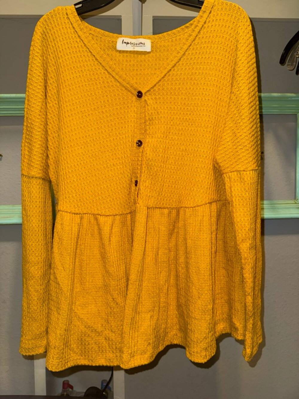 Impressions Mustard Waffle Knit Peplum Henley Top S